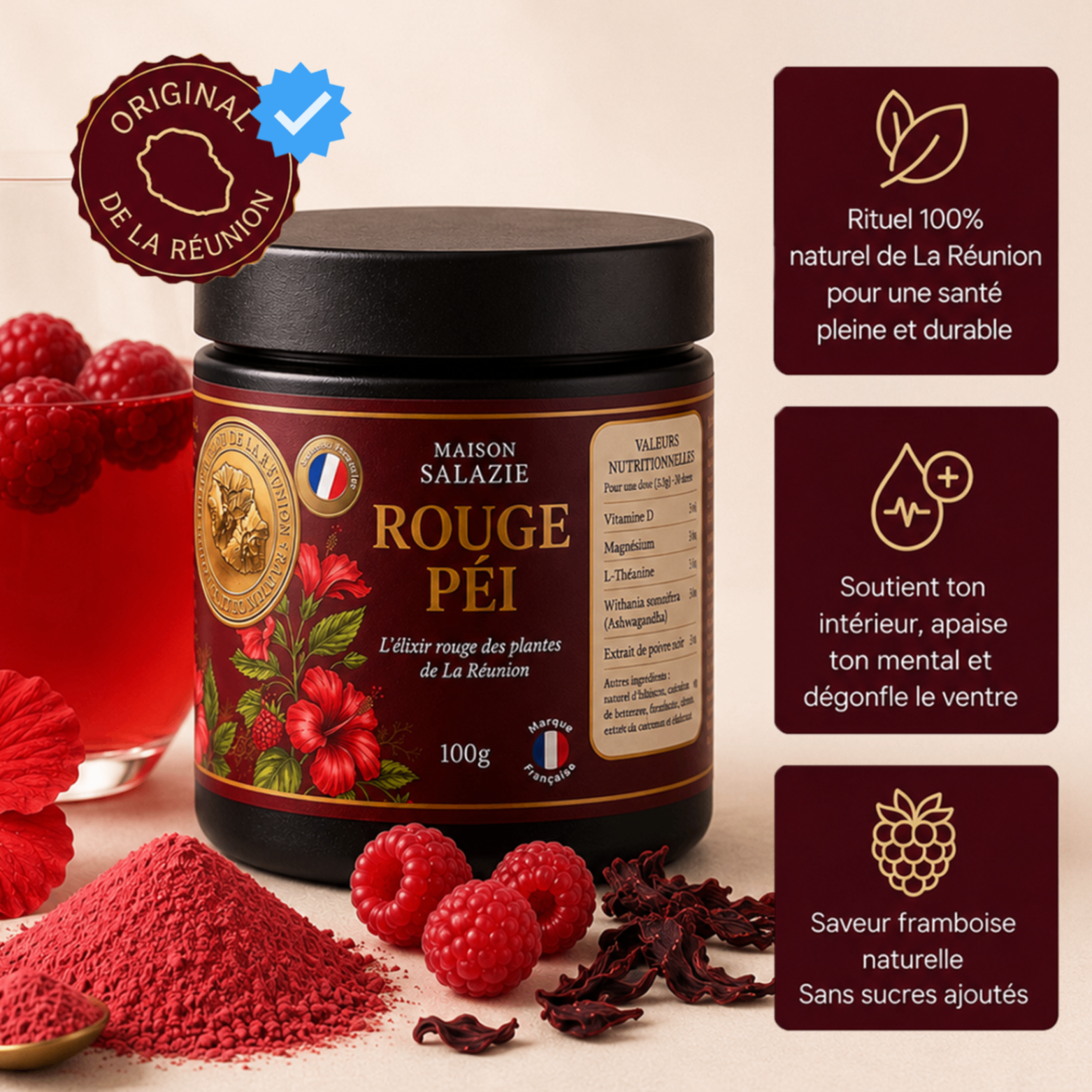 Pot Rouge Péi Maison Salazie avec bénéfices Rituel naturel, Soutien intérieur et Saveur framboise.