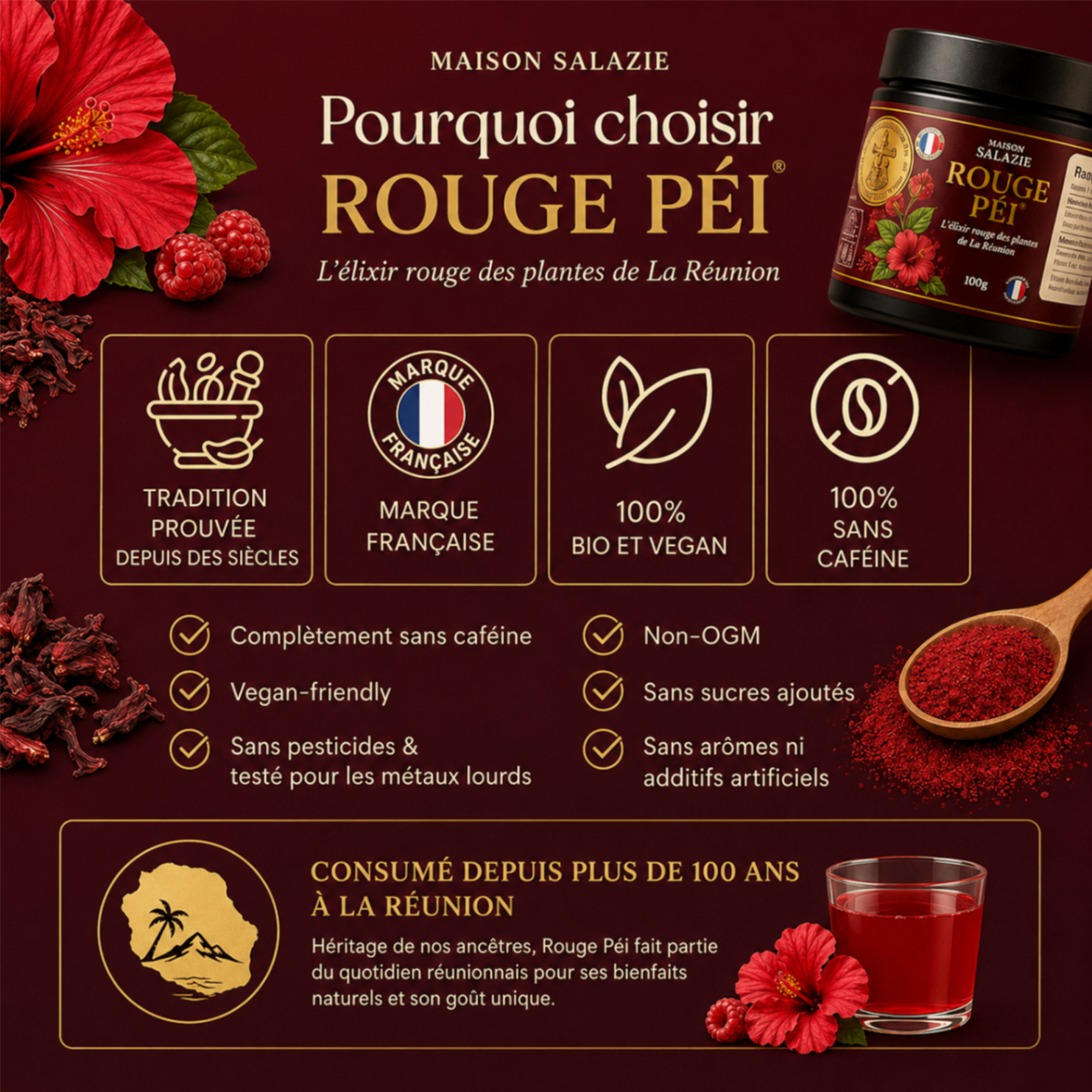 Pourquoi choisir Rouge Péi : tradition, marque française, bio et vegan, sans caféine.