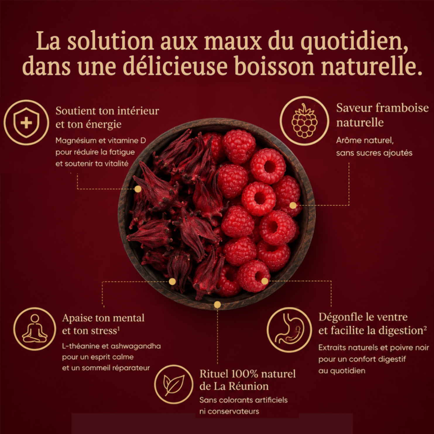 La solution aux maux du quotidien : hibiscus et framboises, boisson naturelle Rouge Péi.