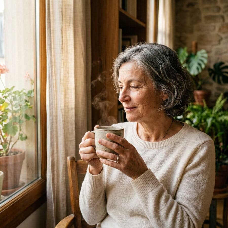 Femme mature savourant une infusion près d'une fenêtre dans une ambiance calme.