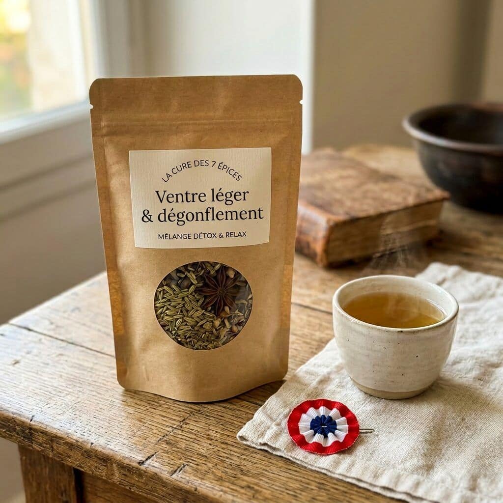 Pochette kraft La Cure des 7 Épices, tasse fumante et cocarde tricolore française sur table en bois.