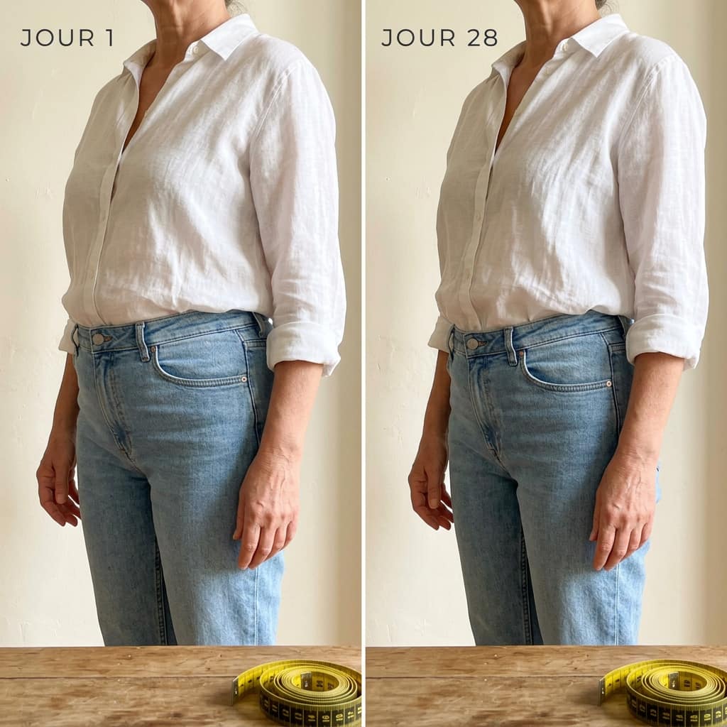 Avant/après : tour de taille jour 1 vs jour 28, même jeans et même chemisier blanc.