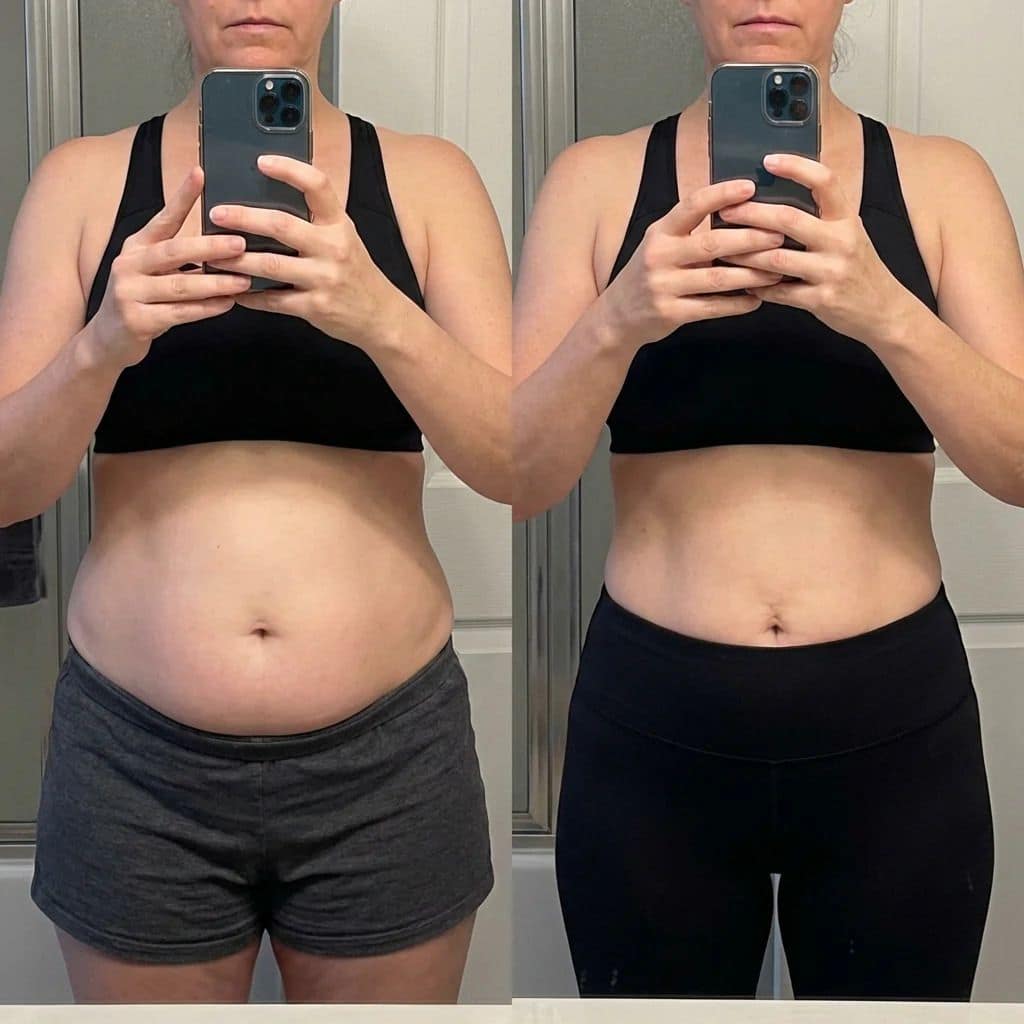 Avant/après : tour de taille jour 1 vs jour 28, même jeans et même chemisier blanc.