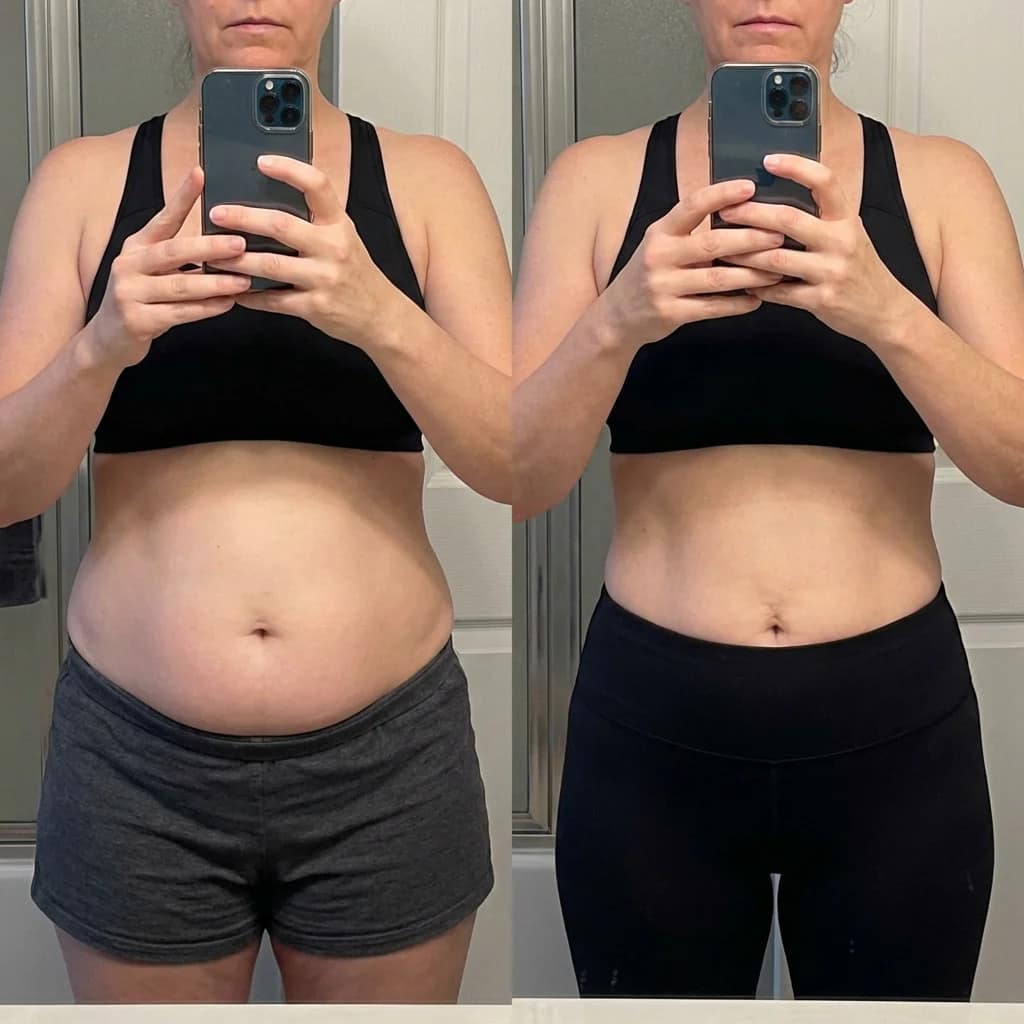 Avant/après : tour de taille jour 1 vs jour 28, même jeans et même chemisier blanc.