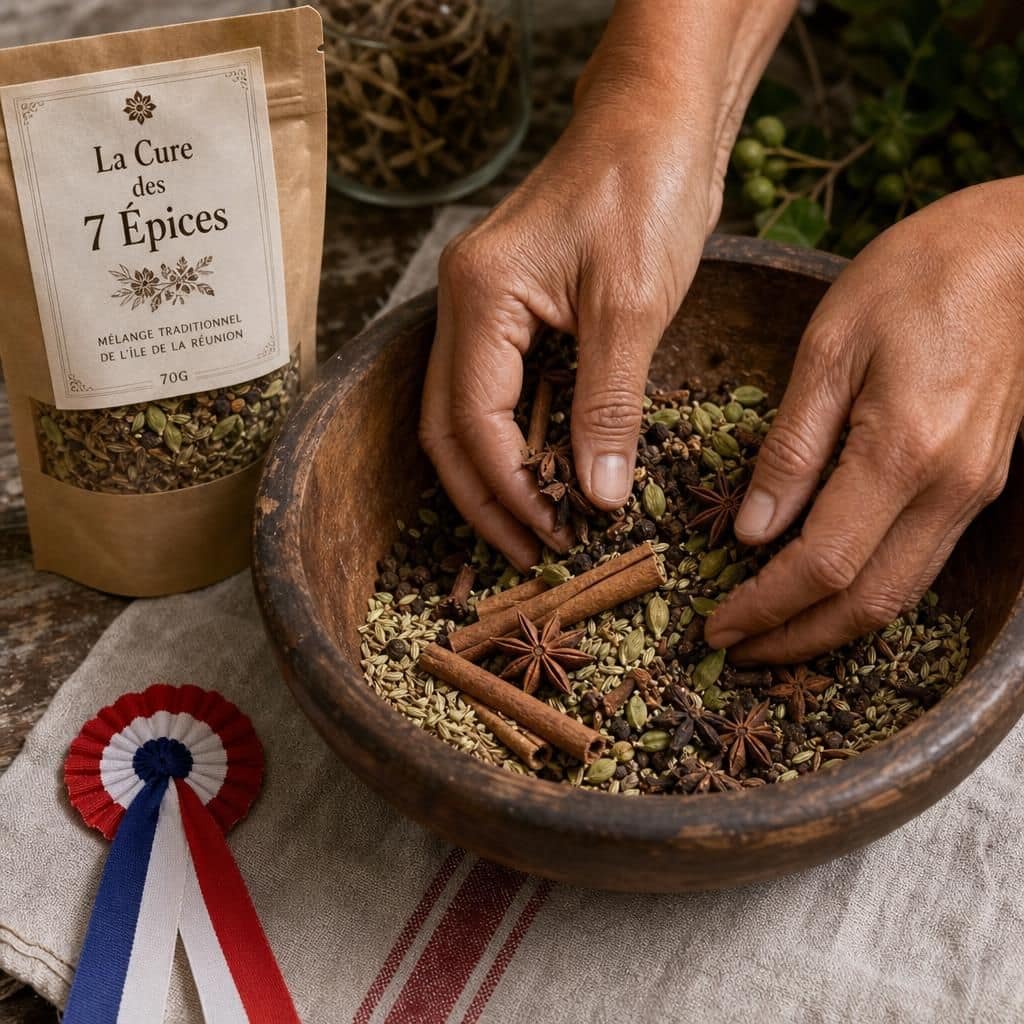 Mains d'apothicaire créole mélangeant les épices dans un bol en bois, pot et cocarde tricolore visibles.