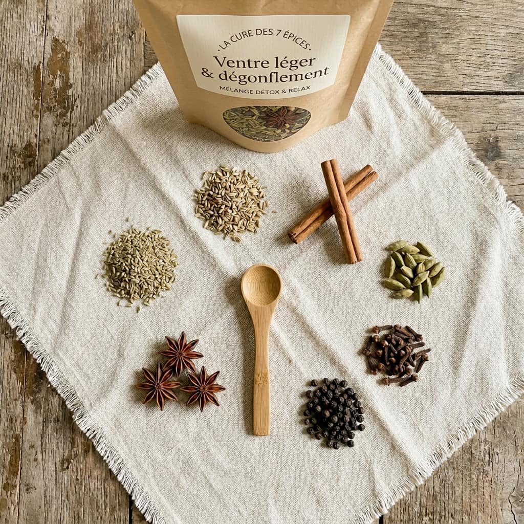 Flat-lay des 7 épices traditionnelles disposées en sept tas distincts sur lin crème.