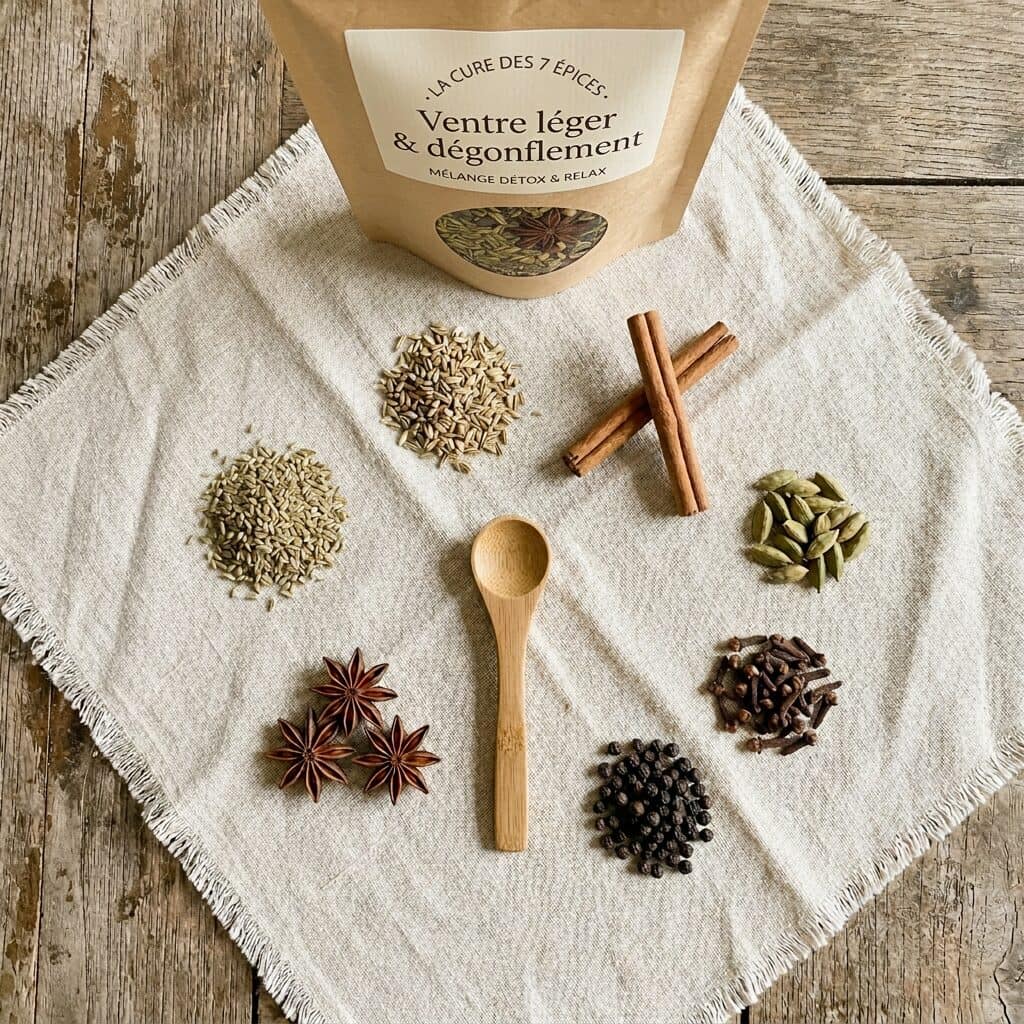 Flat-lay des 7 épices traditionnelles disposées en sept tas distincts sur lin crème.