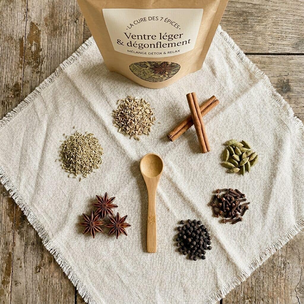 Flat-lay des 7 épices traditionnelles disposées en sept tas distincts sur lin crème.