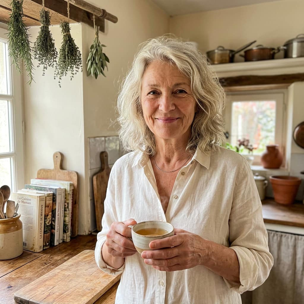 Femme française mature en blouse de lin tenant une tasse de tisane dans sa cuisine ensoleillée.