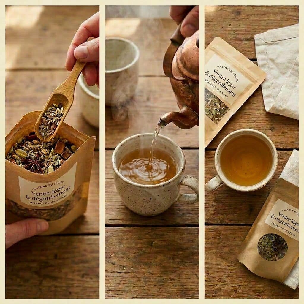 Triptyque du rituel : épices à la cuillère, eau versée, tasse prête à boire.