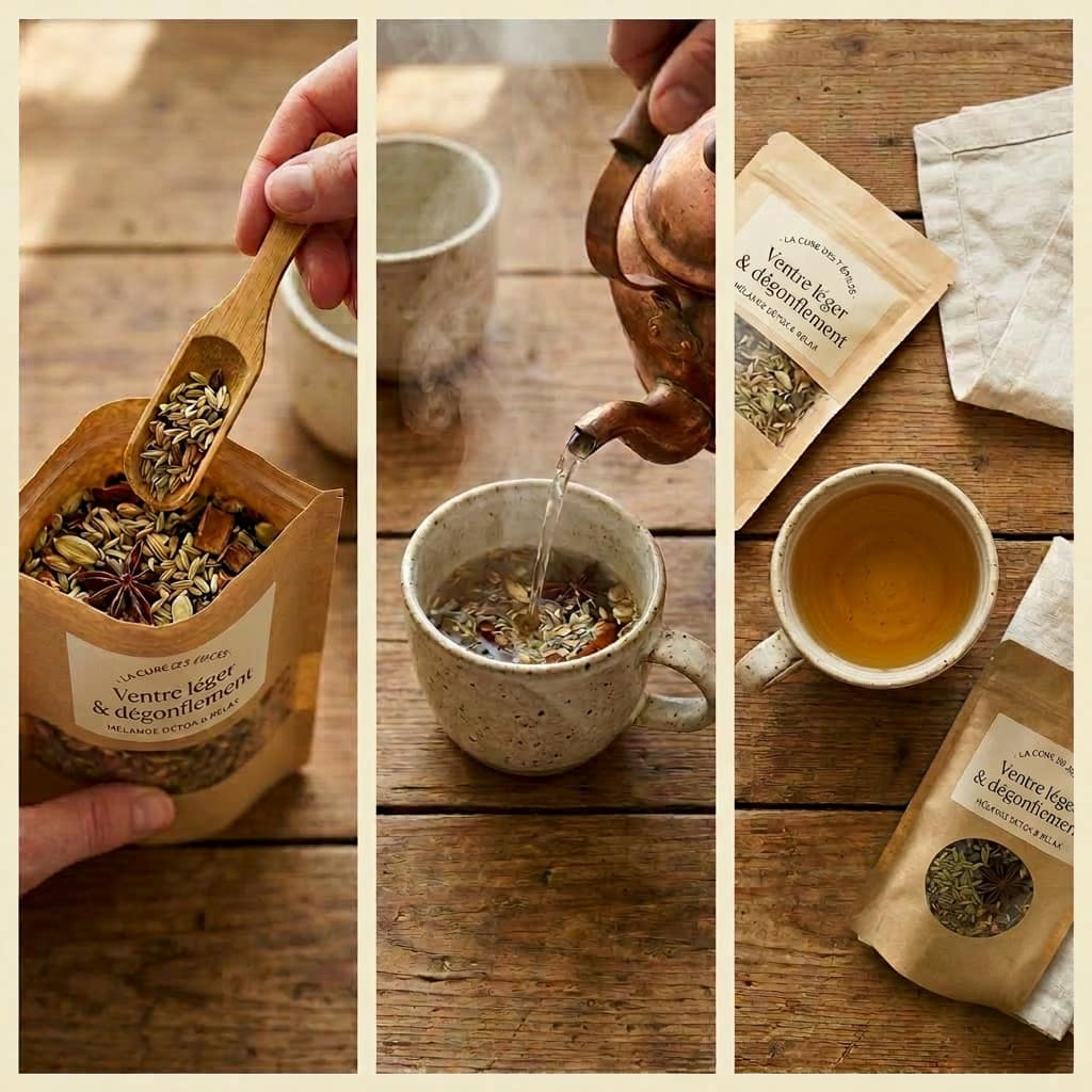 Triptyque du rituel : épices à la cuillère, eau versée, tasse prête à boire.