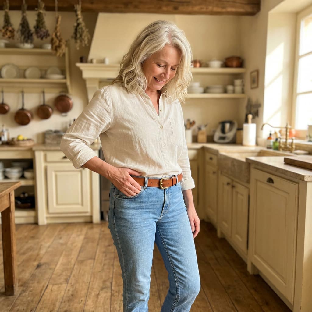 Femme française rayonnante dans sa cuisine, en jeans qui lui vont à nouveau, regard heureux.