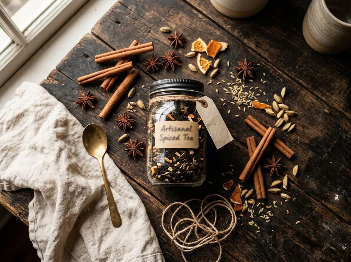 Bocal artisanal de mélange épicé sur une vieille table en bois, entouré de cannelle, anis étoilé, cardamome et écorces d'orange.
