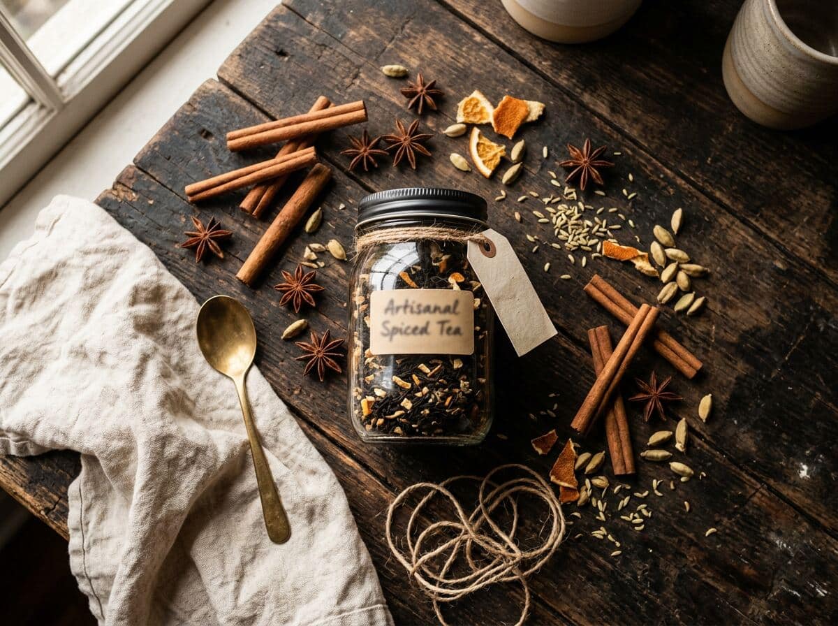 Bocal artisanal de mélange épicé sur une vieille table en bois, entouré de cannelle, anis étoilé, cardamome et écorces d'orange.