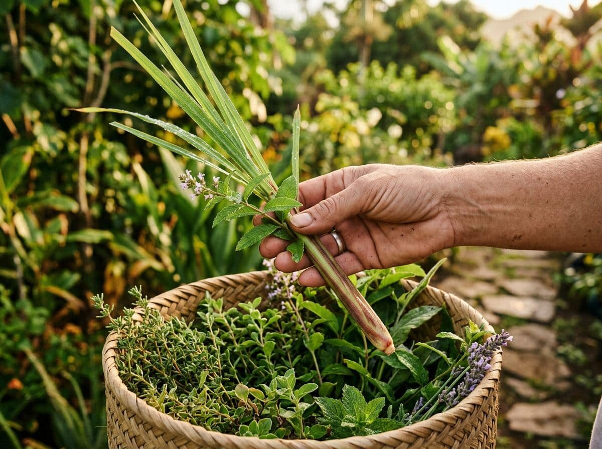 Main cueillant un brin de citronnelle et de verveine au-dessus d'un panier en osier rempli de plantes.