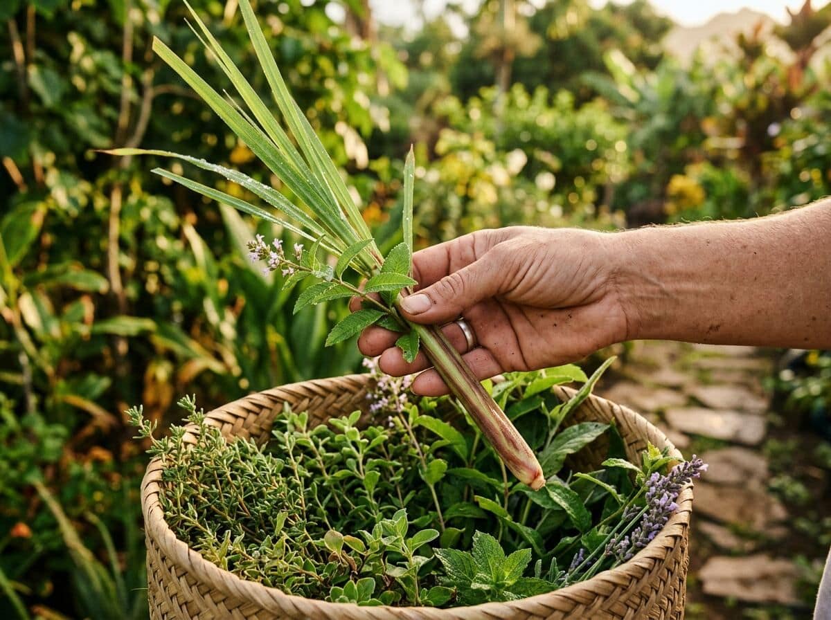 Main cueillant un brin de citronnelle et de verveine au-dessus d'un panier en osier rempli de plantes.