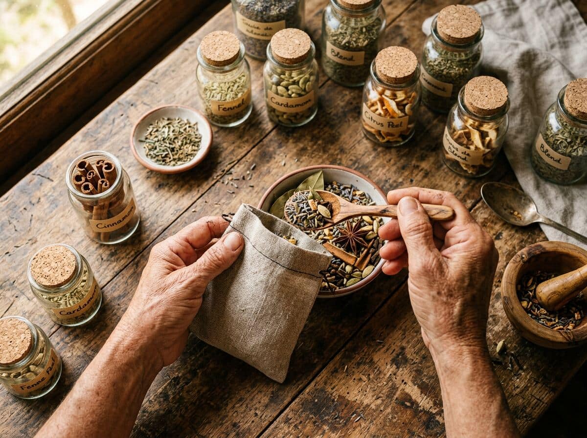 Mains expérimentées remplissant une pochette en lin avec un mélange de plantes et d'épices.