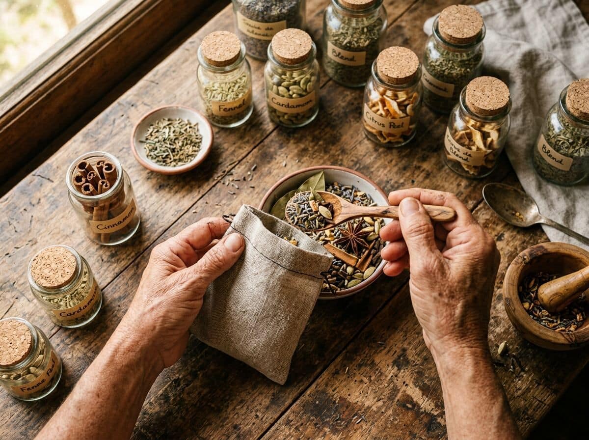 Mains expérimentées remplissant un pot en lin avec un mélange de plantes et d'épices.