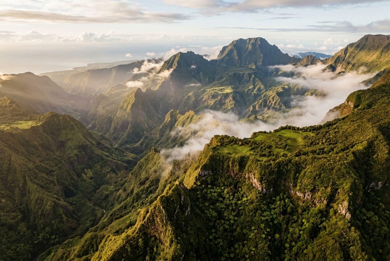 Paysage volcanique de La Réunion, brume sur les cirques au lever du jour.
