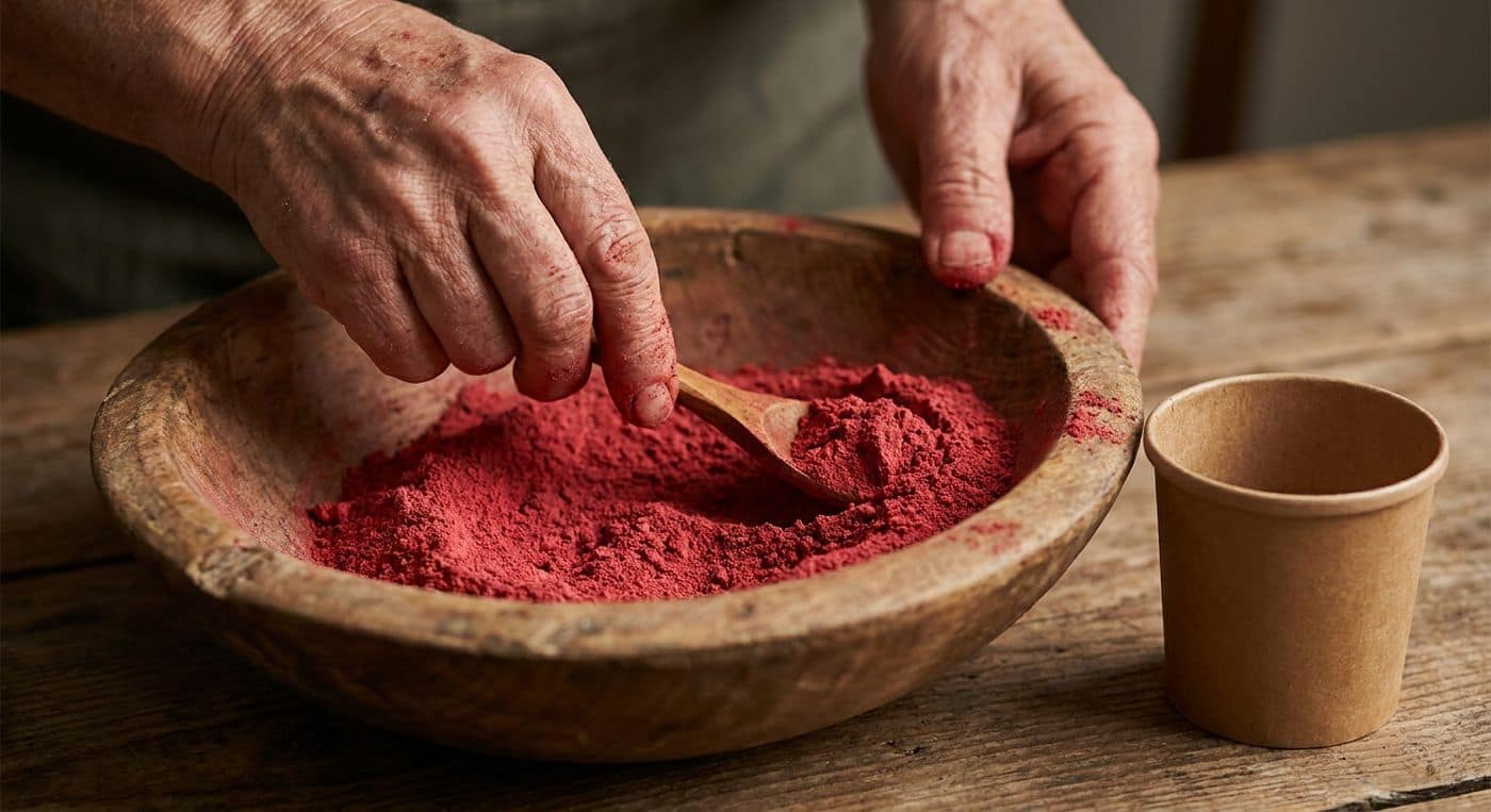 Mains âgées mélangeant de la poudre rouge d'hibiscus dans un bol en bois, à côté d'un pot kraft.