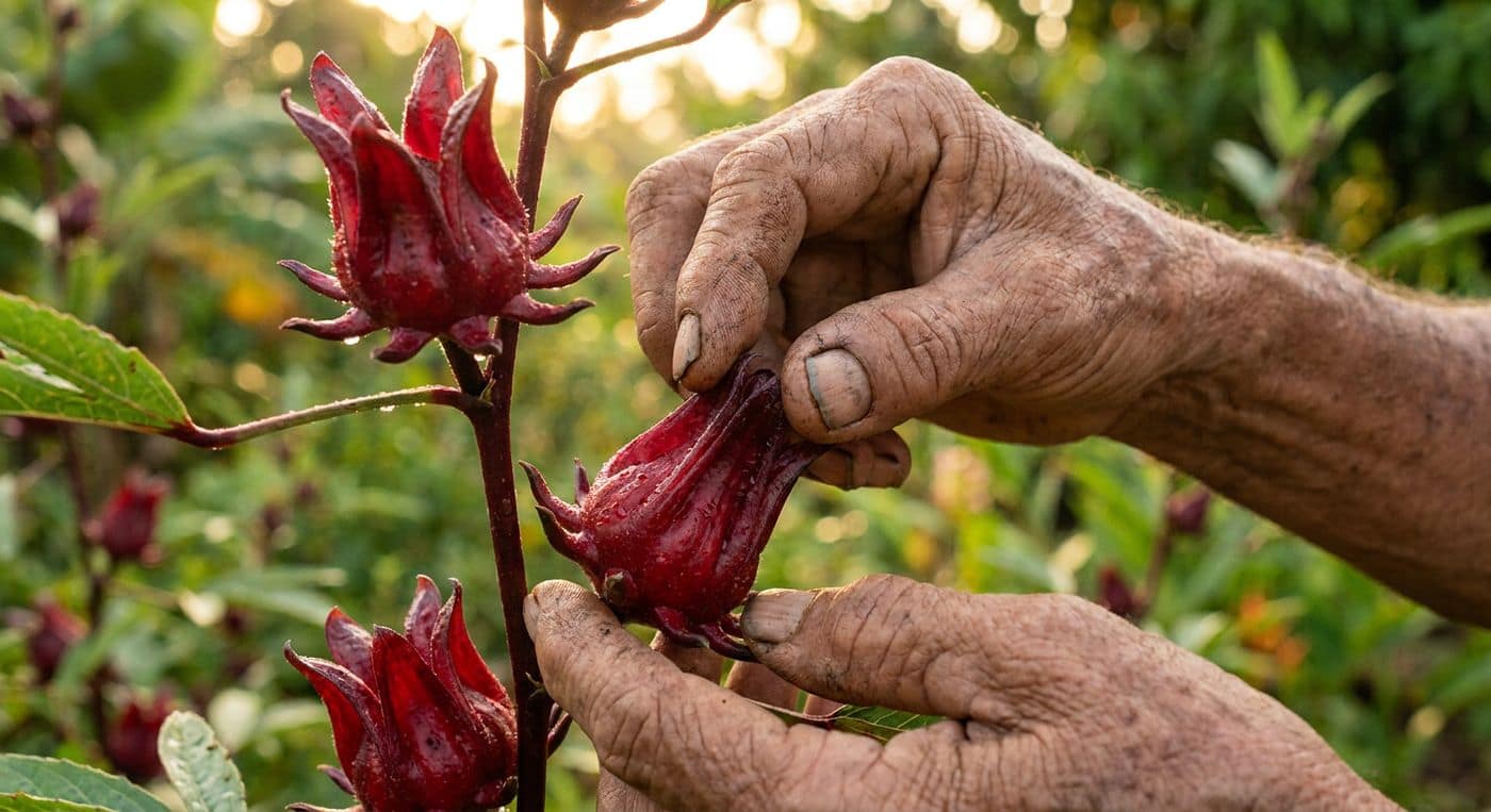 Mains âgées cueillant des fleurs d'hibiscus rouges dans un jardin tropical brumeux.