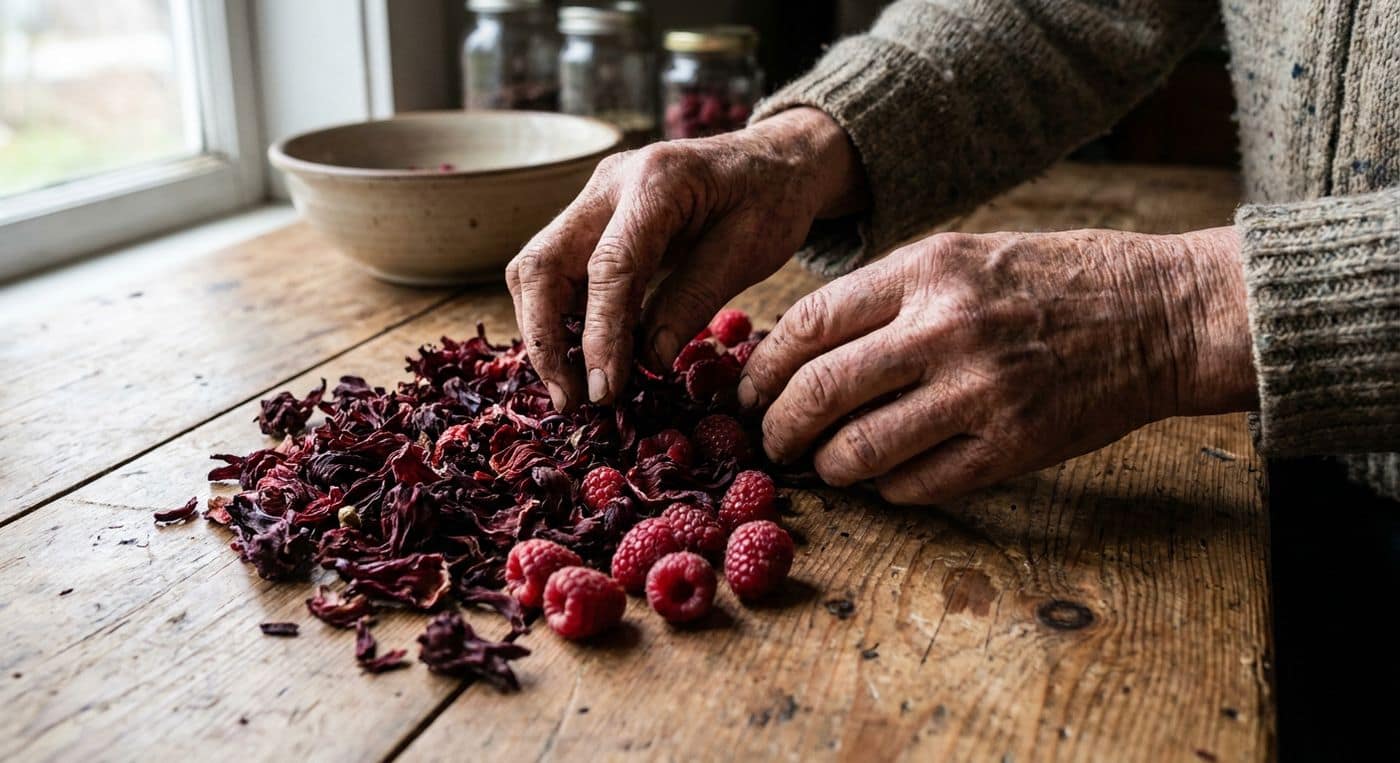 Mains âgées triant des pétales d'hibiscus séchés et des framboises fraîches sur un établi en bois.