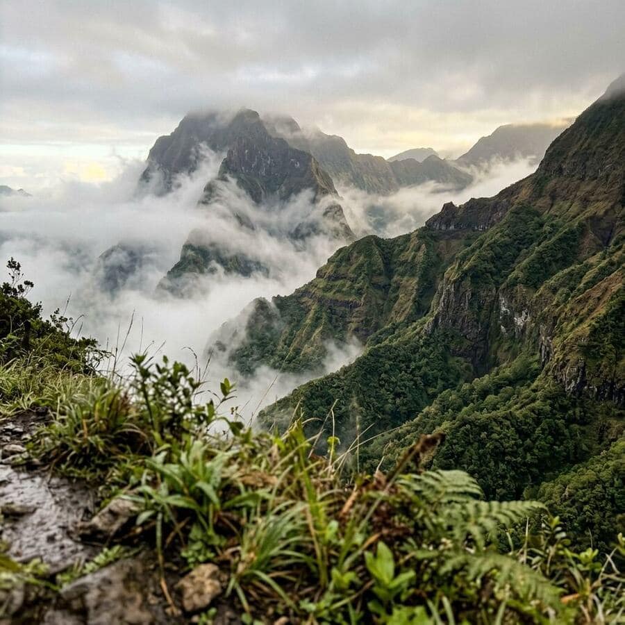 Paysage brumeux du Cirque de Salazie à La Réunion, plantes sauvages au premier plan.