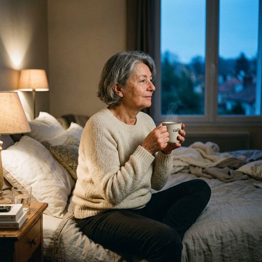 Femme mature buvant une infusion du soir dans une chambre apaisée.