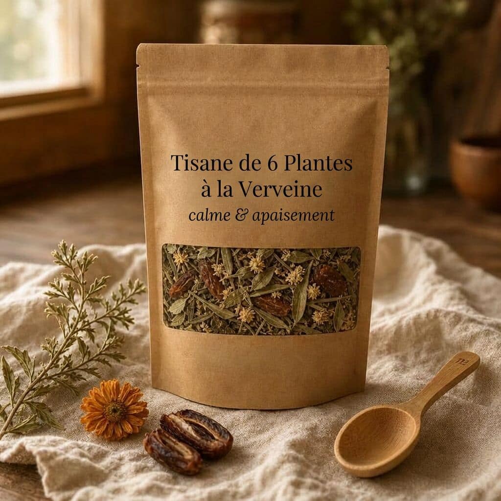 Pochette kraft L'Apaisement avec fenêtre transparente sur les plantes, posée sur un linge crème.