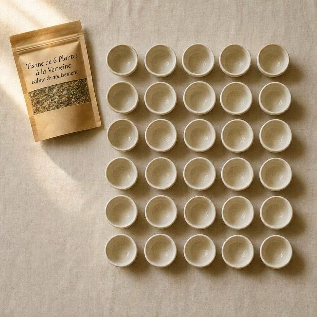 Pochette L'Apaisement à côté d'un alignement de 30 petites tasses crème.