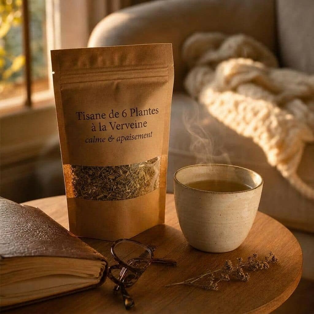 Pochette L'Apaisement, tasse fumante, livre et lunettes sur un guéridon en bois, lumière de fin de journée.