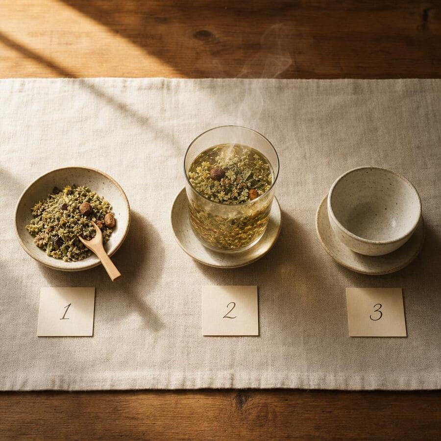 Trois étapes du rituel : plantes, infusion, tasse vide, sur linge crème.