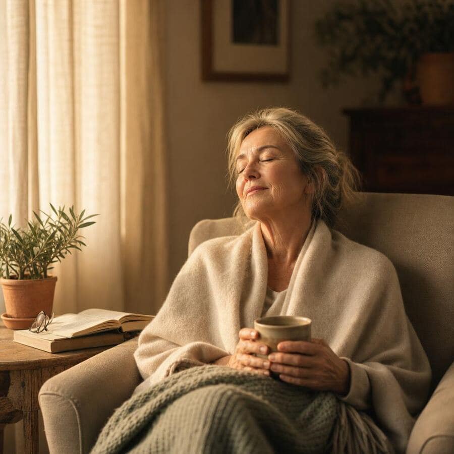 Femme mature détendue dans un fauteuil, tasse en main, lumière douce.