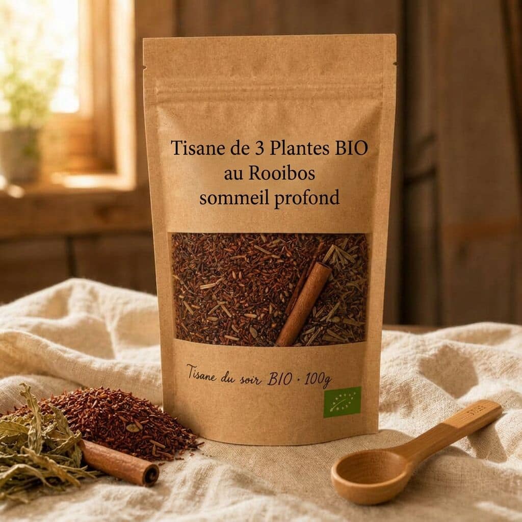 Pochette kraft Le Sommeil BIO avec fenêtre transparente sur rooibos et cannelle.
