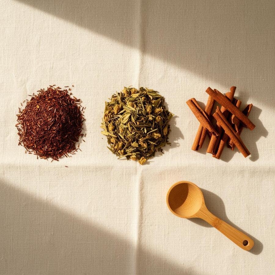 Trois ingrédients BIO du Sommeil : rooibos, honeybush, cannelle, sur linge crème.