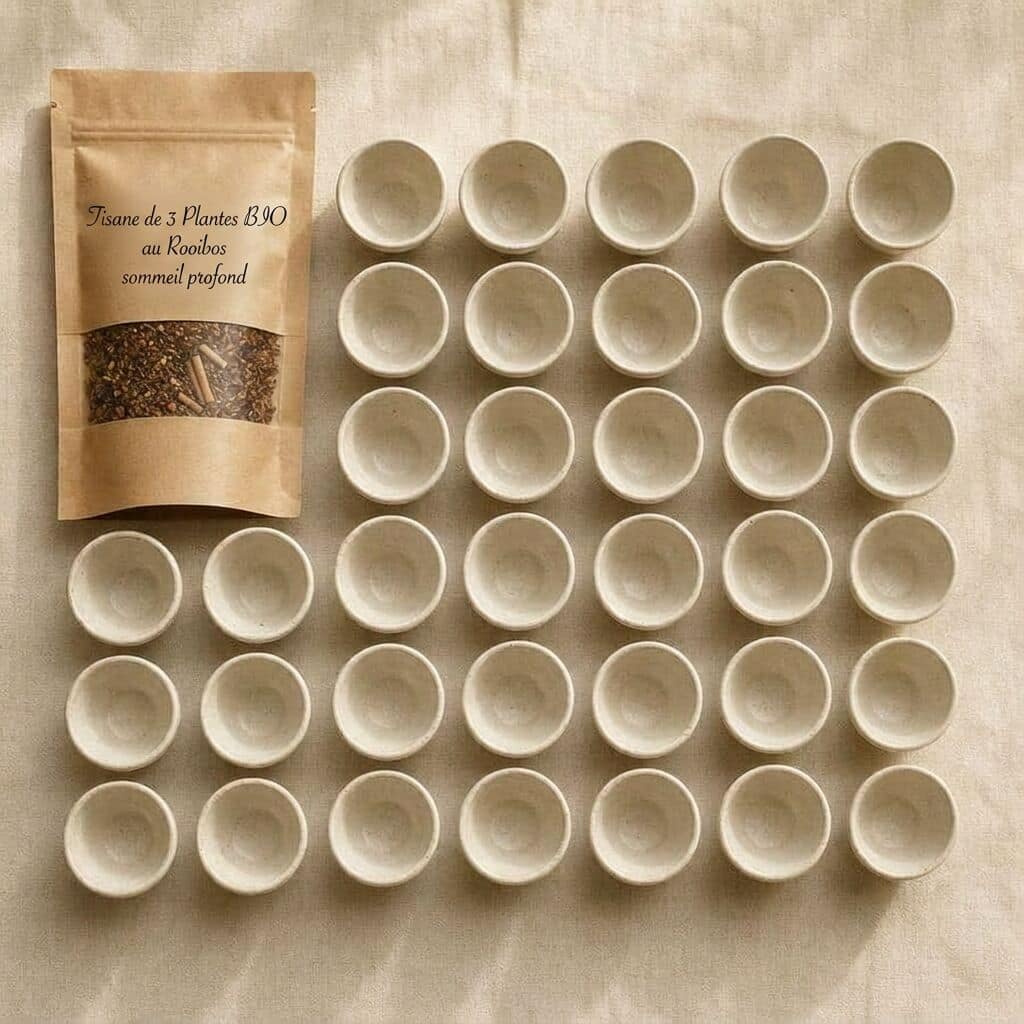 Pochette Le Sommeil à côté d'un alignement de 30 petites tasses crème.