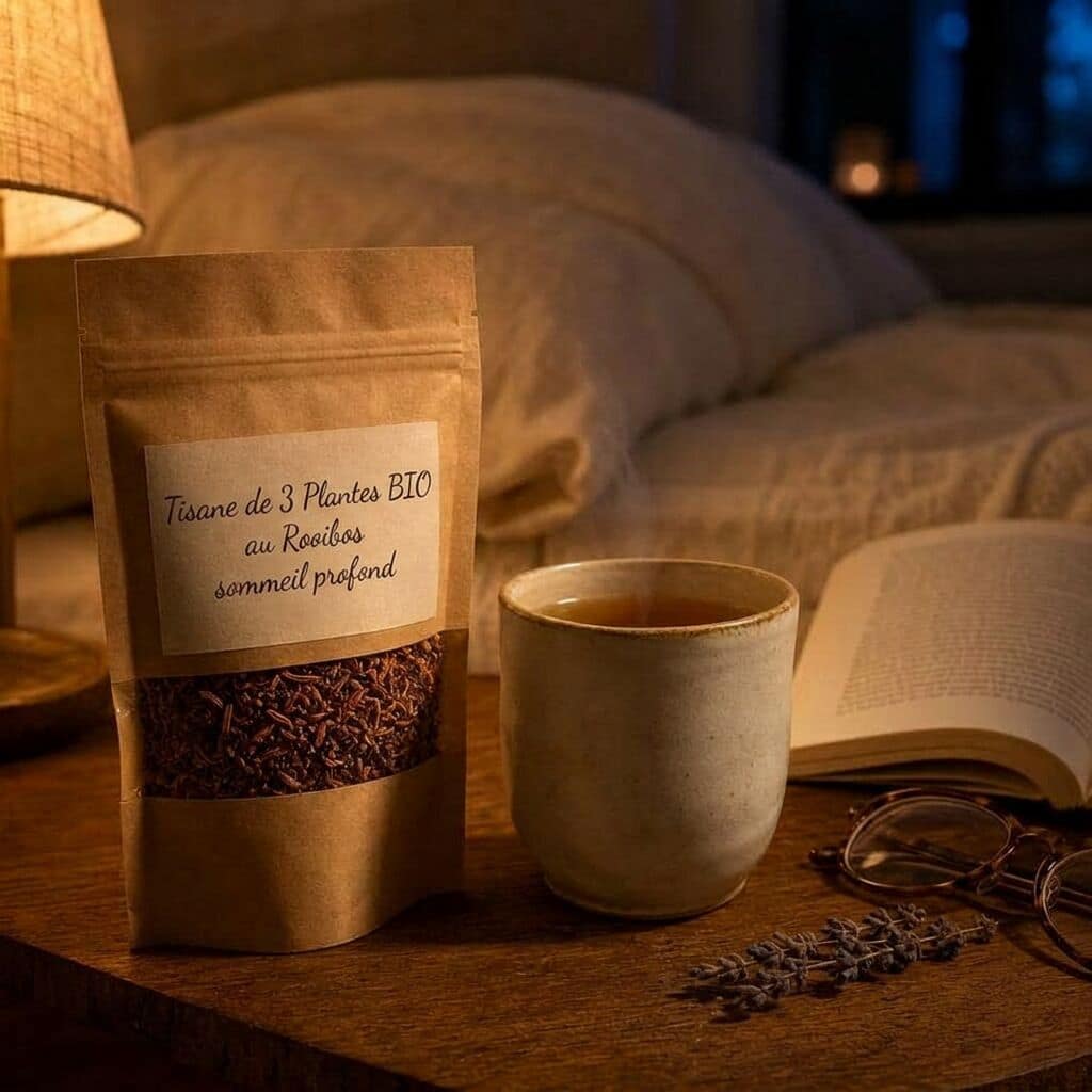 Pochette Le Sommeil, tasse fumante, livre et lunettes sur table de nuit, lumière d'ambiance ambrée.