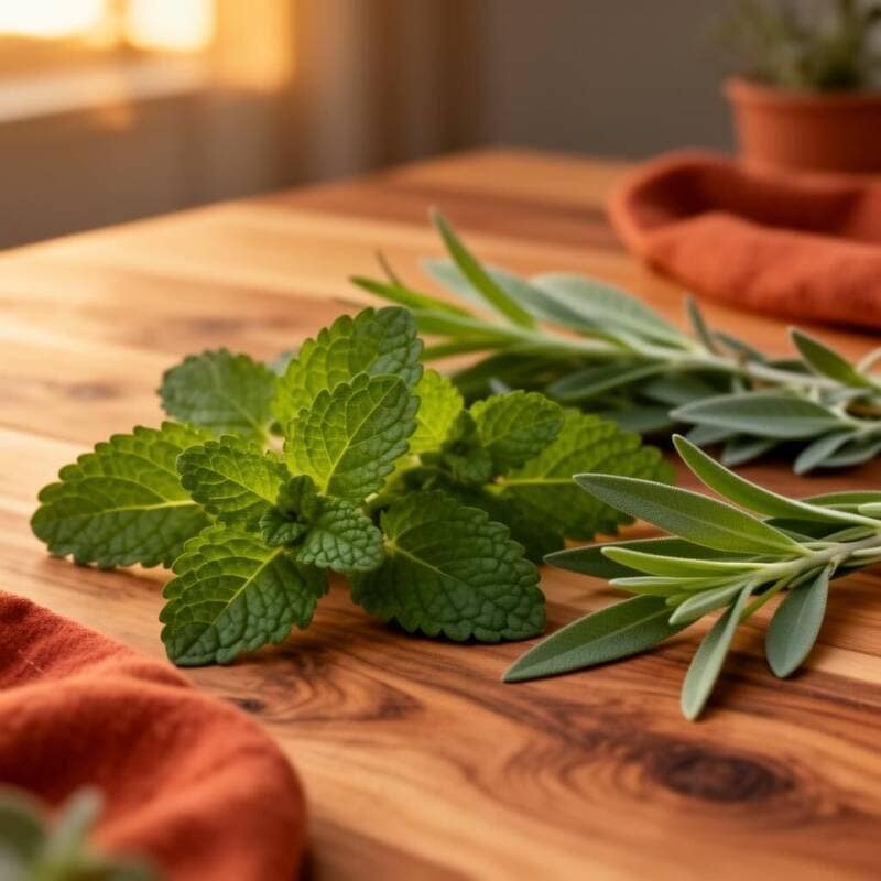 Pochette Tisane de 6 Plantes à la Verveine sur table en bois, tasse en grès fumante, verveine et tilleul séchés, lumière douce de fin de journée.