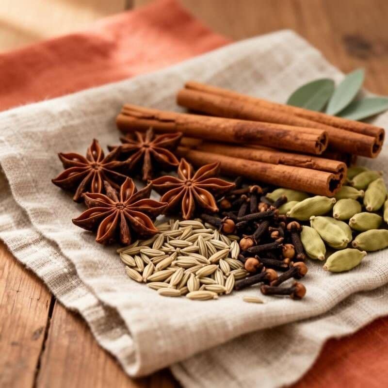 Pochette Tisane de 7 Épices à la Badiane sur nappe de lin, bol de tisane fumante, badiane, cardamome, fenouil et cannelle disposés autour.
