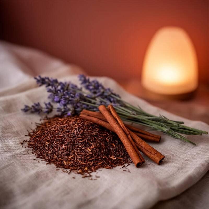 Pochette Tisane de 3 Plantes BIO au Rooibos sur table de chevet, tasse en grès, lampe d'ambiance ambrée, livre et lunettes.