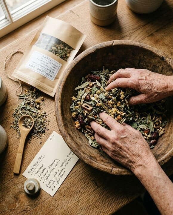 Mains âgées mélangeant des plantes séchées dans un grand bol en bois, à côté d'un pot kraft.