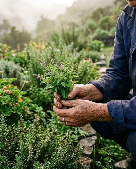Mains âgées tenant un bouquet de verveine fraîchement coupée dans un jardin de plantes brumeux.