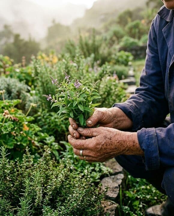 Mains âgées tenant un bouquet de verveine fraîchement coupée dans un jardin de plantes brumeux.