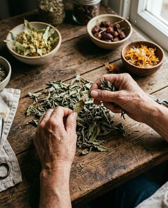 Mains âgées triant des feuilles de verveine séchée sur un établi en bois.