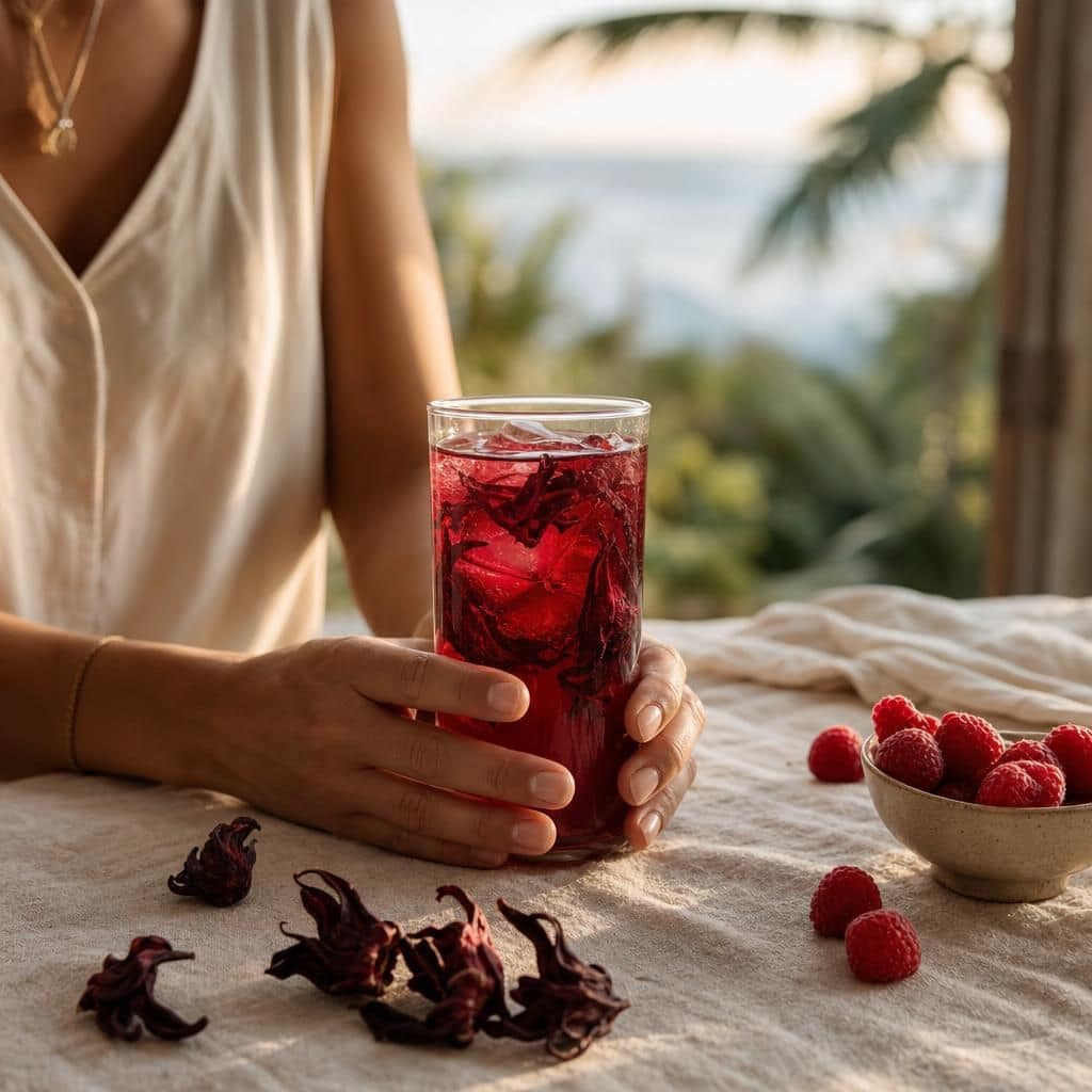 Grand verre de boisson rouge Rouge Péi sur nappe de lin crème, bol d'hibiscus séché, lumière chaude de fin de journée à La Réunion.